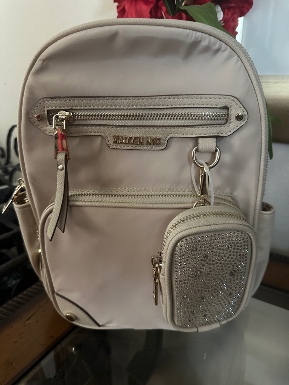 Madden Women's Cream Backpack with Rhinestone Pouch beige and elegant NWT